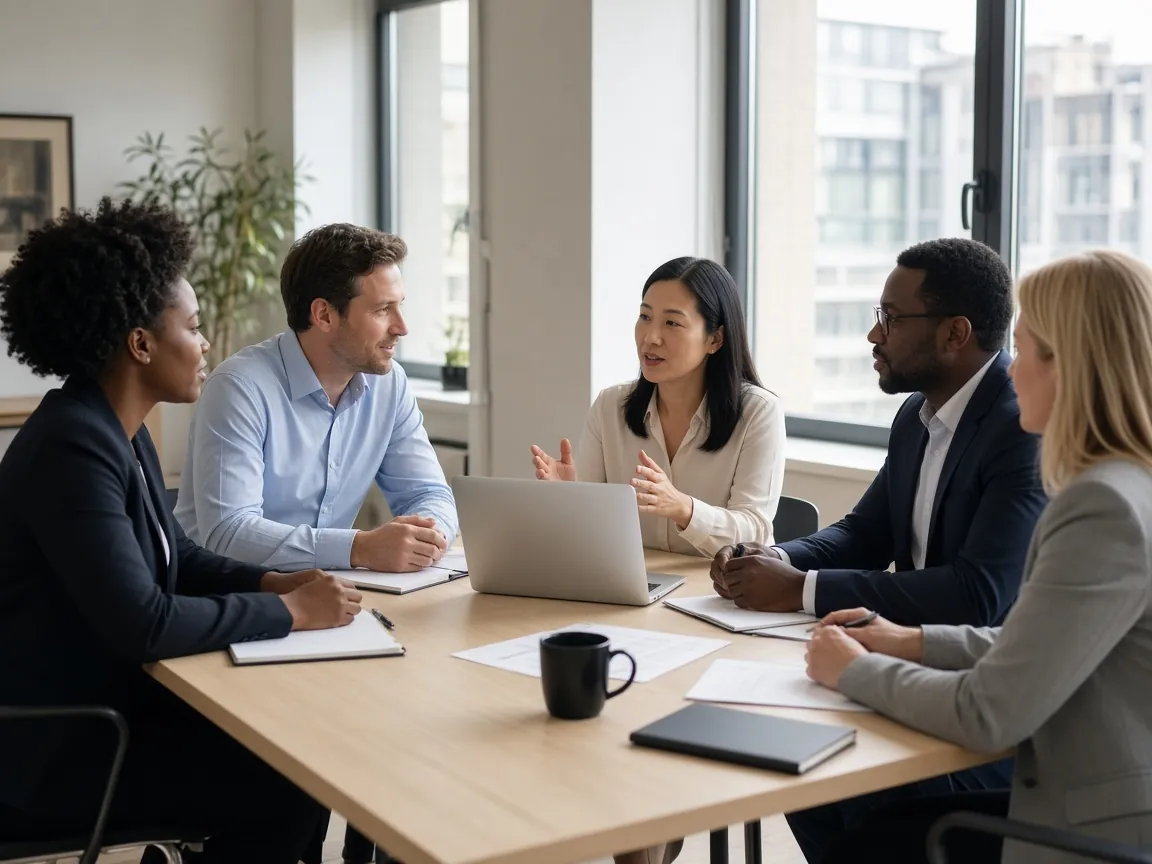 Professionals collaborating around a conference table