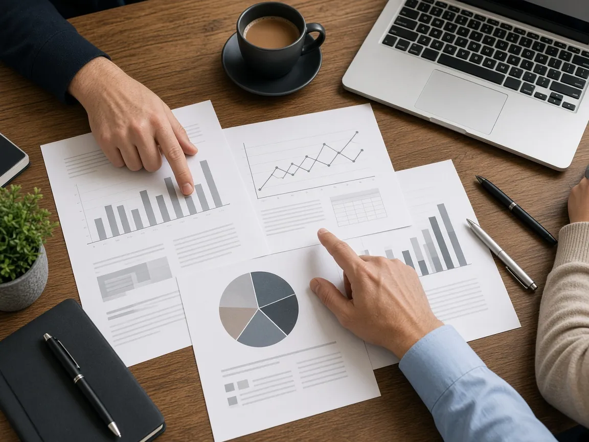 Strategy documents and charts on a desk